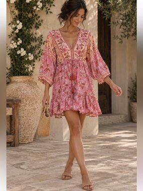Aakaa || Flounce Tie Waist Mini Dress Floral Tassels Pink Small